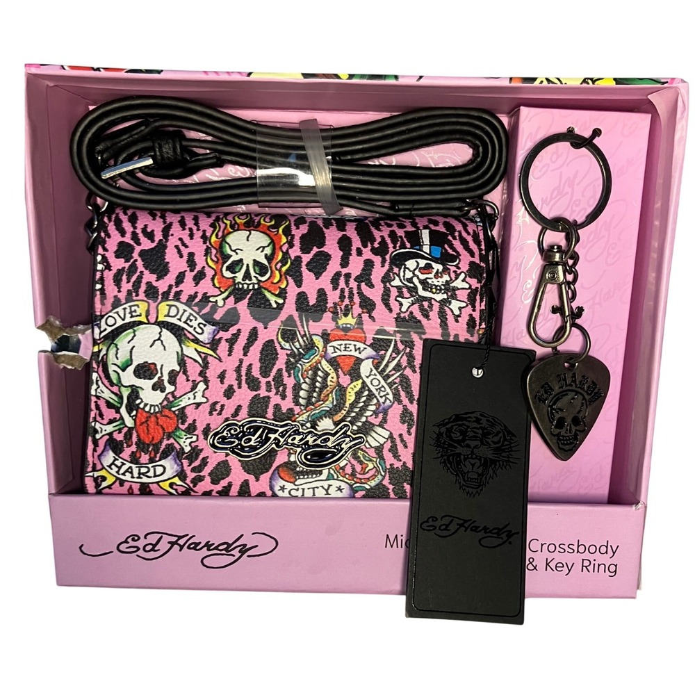 Ed Hardy Pink Leopard Skull Micro Crossbody Bag Key Ring Gift‎ Set NWT